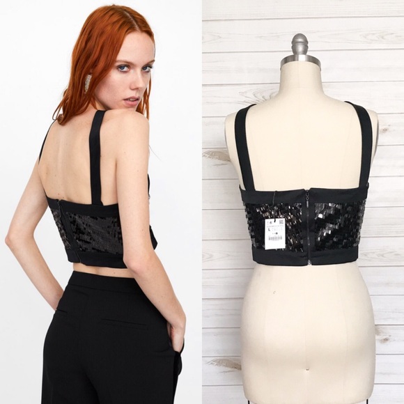ZARA Contrast Cropped Sleeveless Sequin Halter Top NWT - Picture 2 of 10